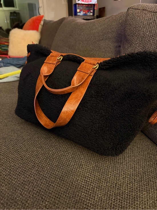 Anthropologie Handbags - Black Sherpa Tote Bag with Brown faux Leather Straps